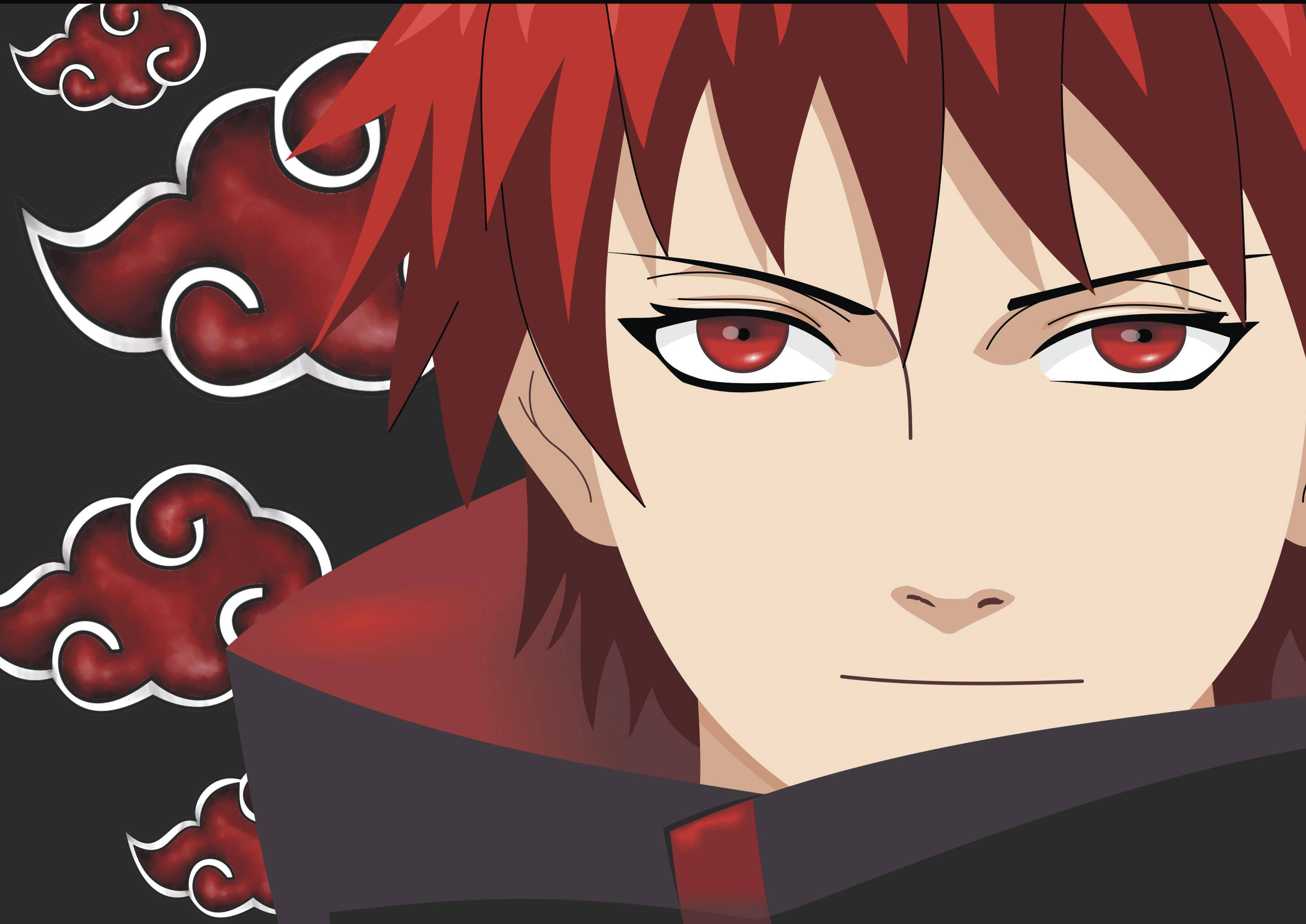 Sasori 桌布 壁紙 — 動漫角色紅髮紅眼的特寫，背景為黑色並帶有紅色雲朵符號。
