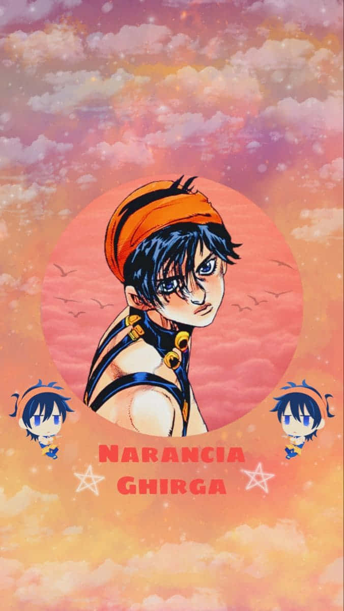 Narancia Ghirga 桌布 壁紙 — 動漫角色納蘭迦·吉爾卡站在充滿活力的日落天空前，鳥兒飛翔，自己的Q版版本在附近漂浮。