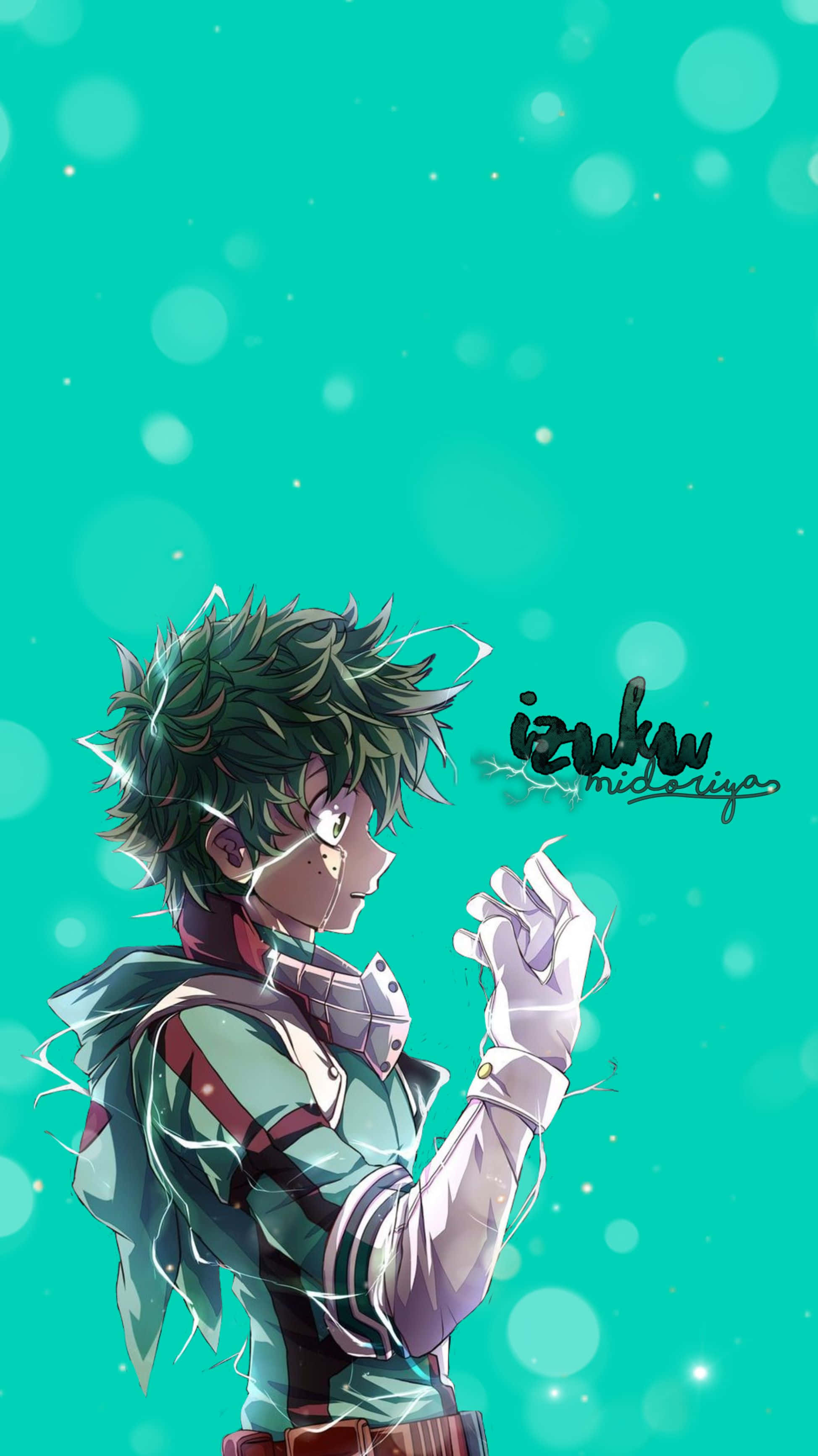 Aesthetic Deku 桌布 壁紙 — 動漫角色綠谷出久身穿英雄服裝，站在帶有發光散景燈光的青綠色背景前。