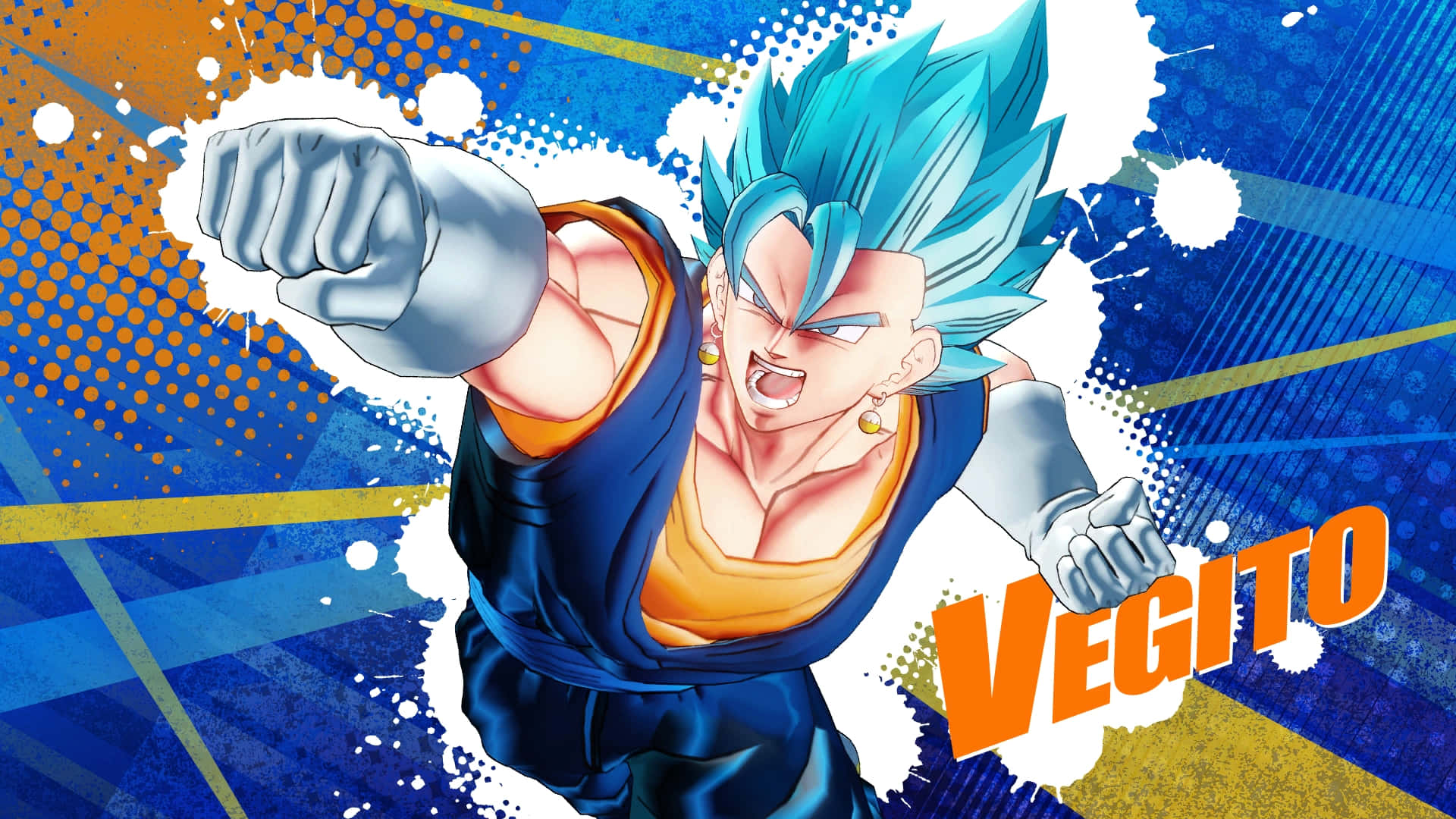 Dragon Ball Xenoverse 2 桌布 壁紙 — 動漫角色維吉特身穿藍色和橙色戰鬥裝備，在動態的藍色、橙色和黃色漫畫風格背景前向前出拳。