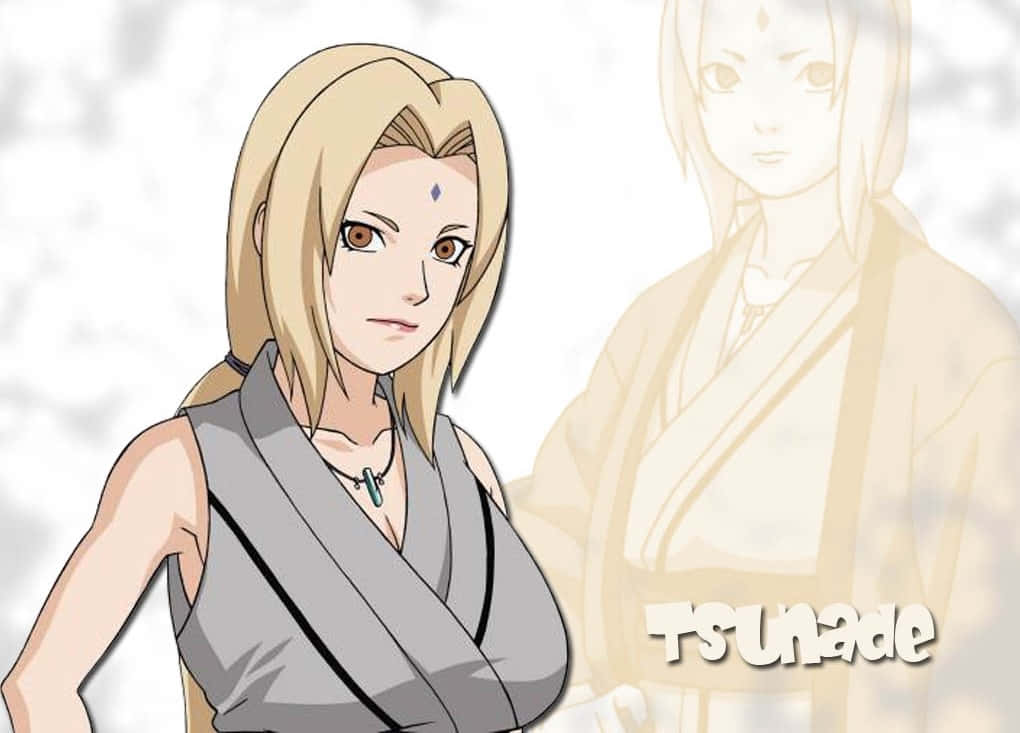 Legendary Sannin 桌布 壁紙 — 動漫角色綱手站在前景，身後有半透明的幽靈版本，背景是柔和的雲層。