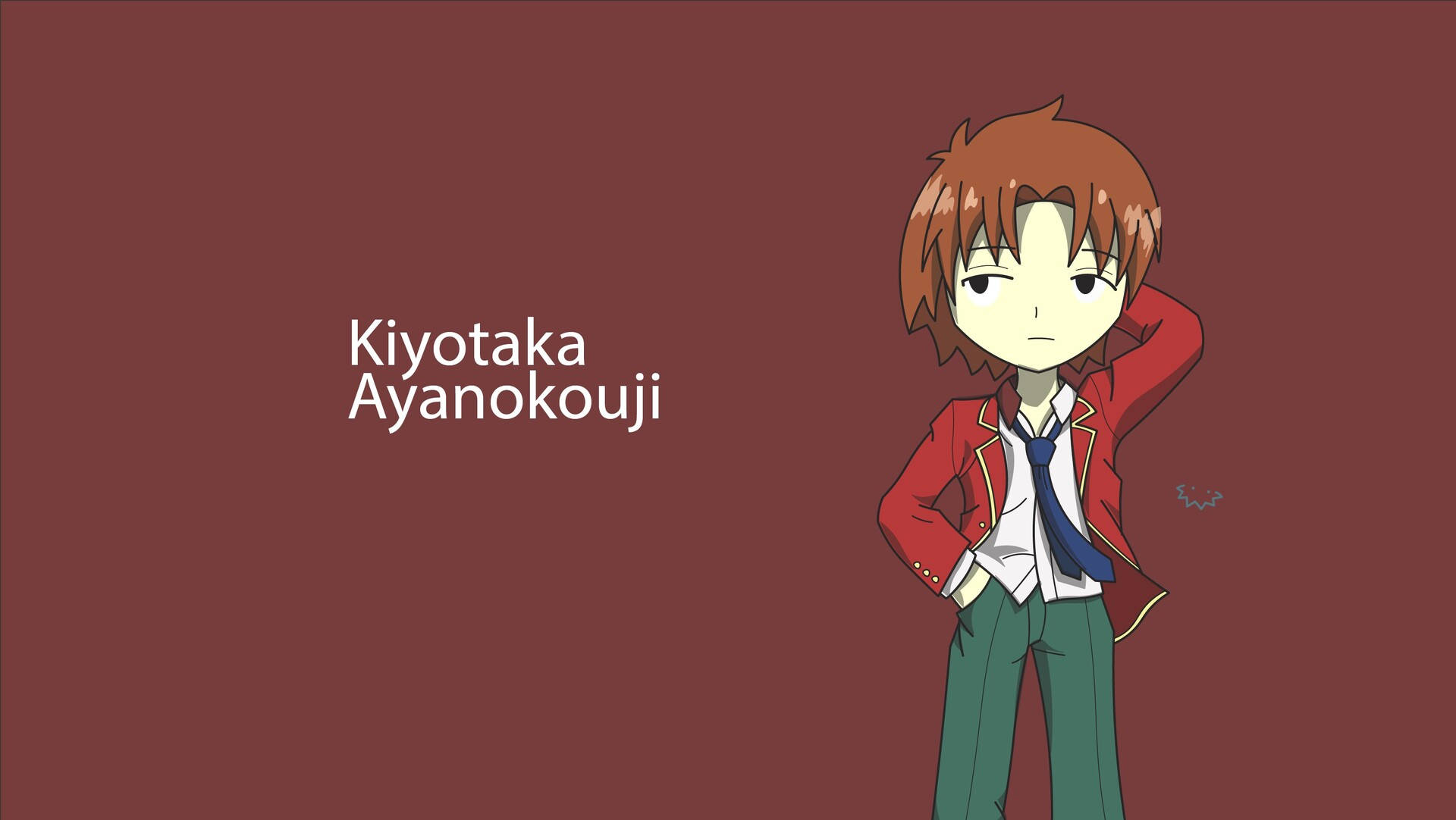 kiyotaka ayanokoji 桌布 壁紙 — 動漫角色綾小路清隆自信地穿著紅色西裝外套，站在純栗色背景前。