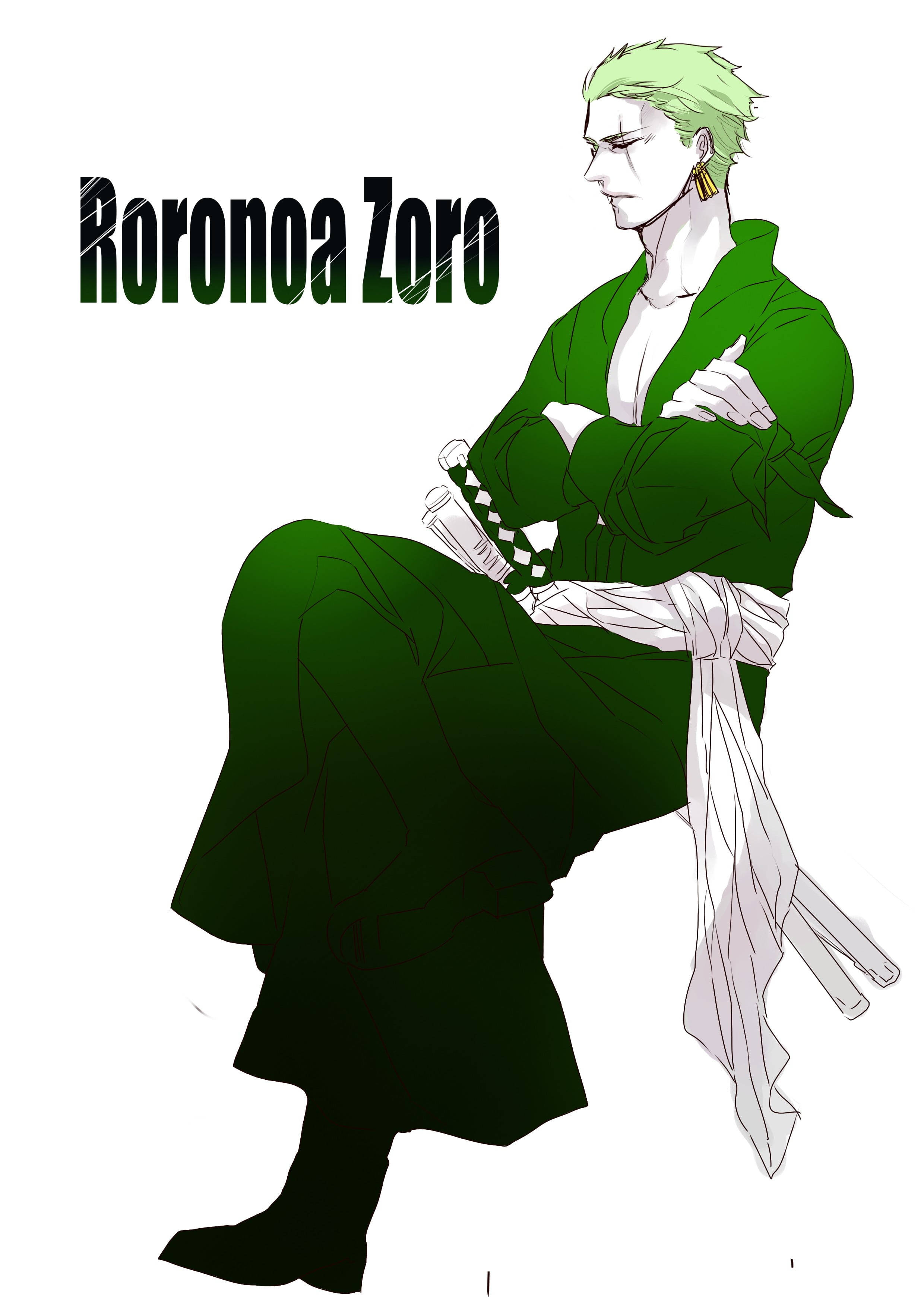 Roronoa 桌布 壁紙 — 動漫角色羅羅諾亞·索隆自信地坐在白色背景前，身穿綠色長袍，雙臂交叉。