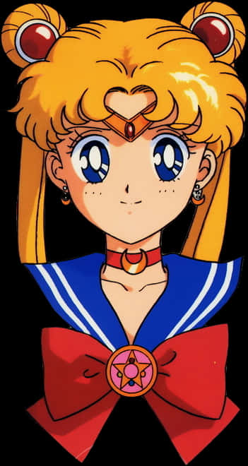 動漫 桌布 壁紙 — 動漫角色美少女戰士，金色頭髮，心形額飾，紅色蝴蝶結，黑色背景。