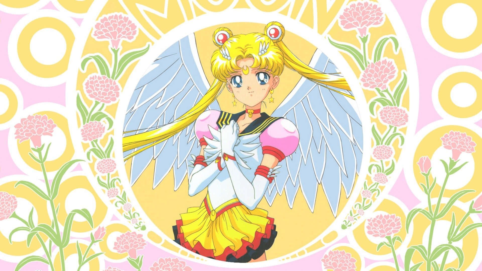帶著天使翅膀的美少女戰士Sailor Moon動漫角色在花卉圖案框架中。 — 美少女戰士 GIF 壁紙