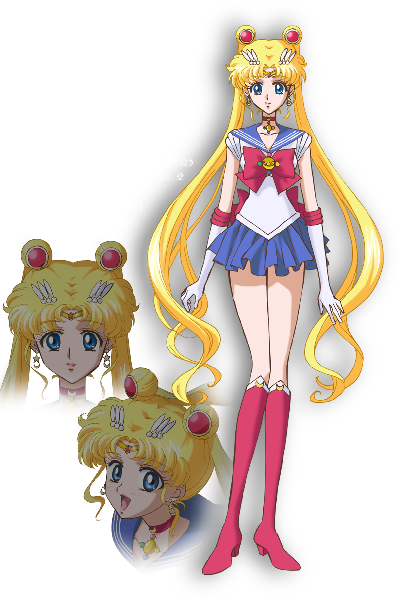 sailor 桌布 壁紙 — 動漫角色美少女戰士全身站立，長長的金色頭髮和水手服，黑色背景，兩個臉部特寫。