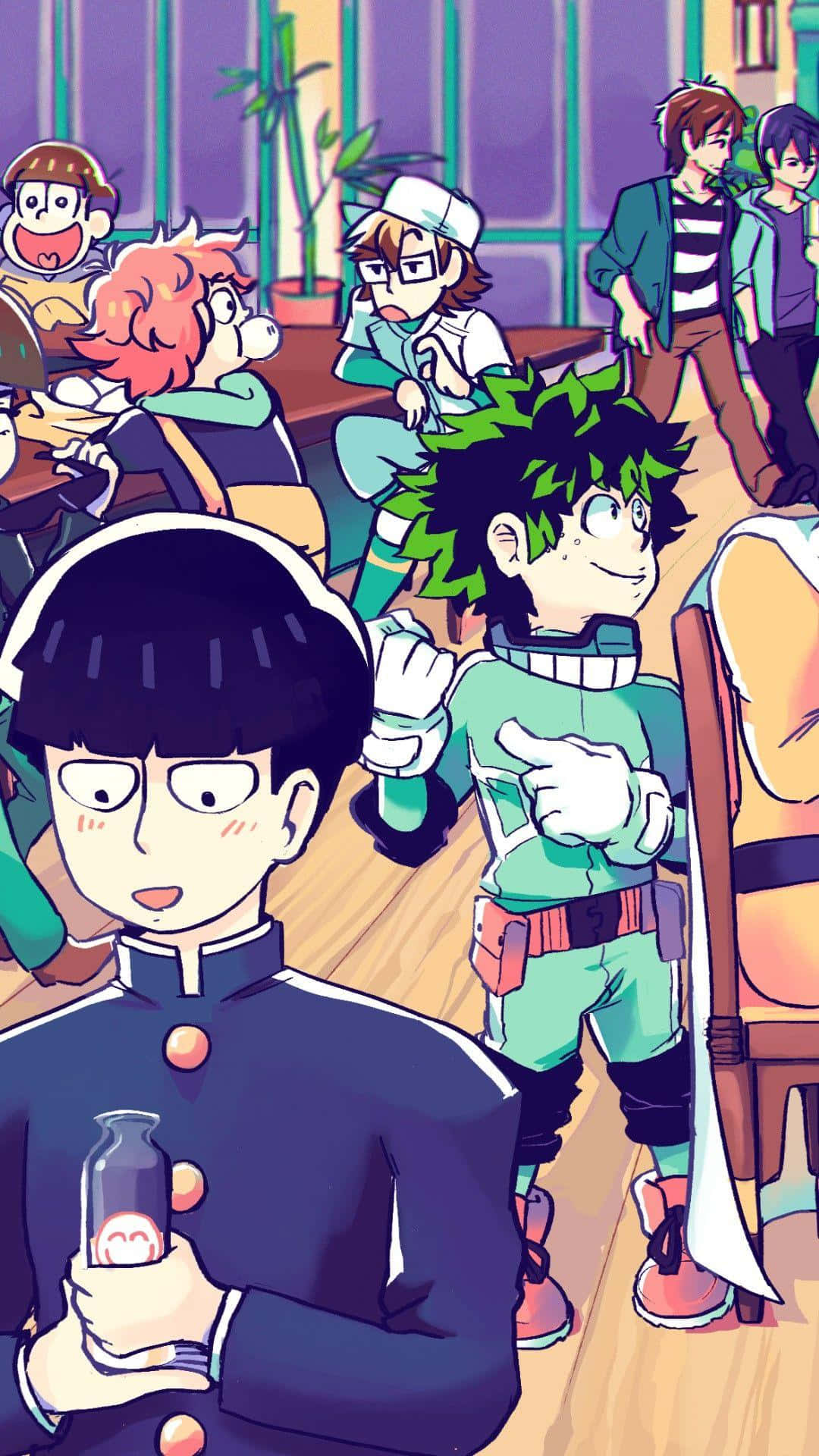 Mob Psycho iPhone 桌布 壁紙 — 動漫角色聚集在一個充滿活力的咖啡館，色彩鮮豔，表情豐富。