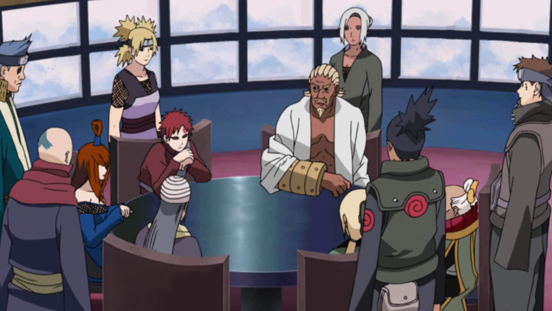 Five Kage Summit 桌布 壁紙 — 動漫角色聚集在一張桌子周圍，在一個有大型窗戶顯示雲的明亮房間。