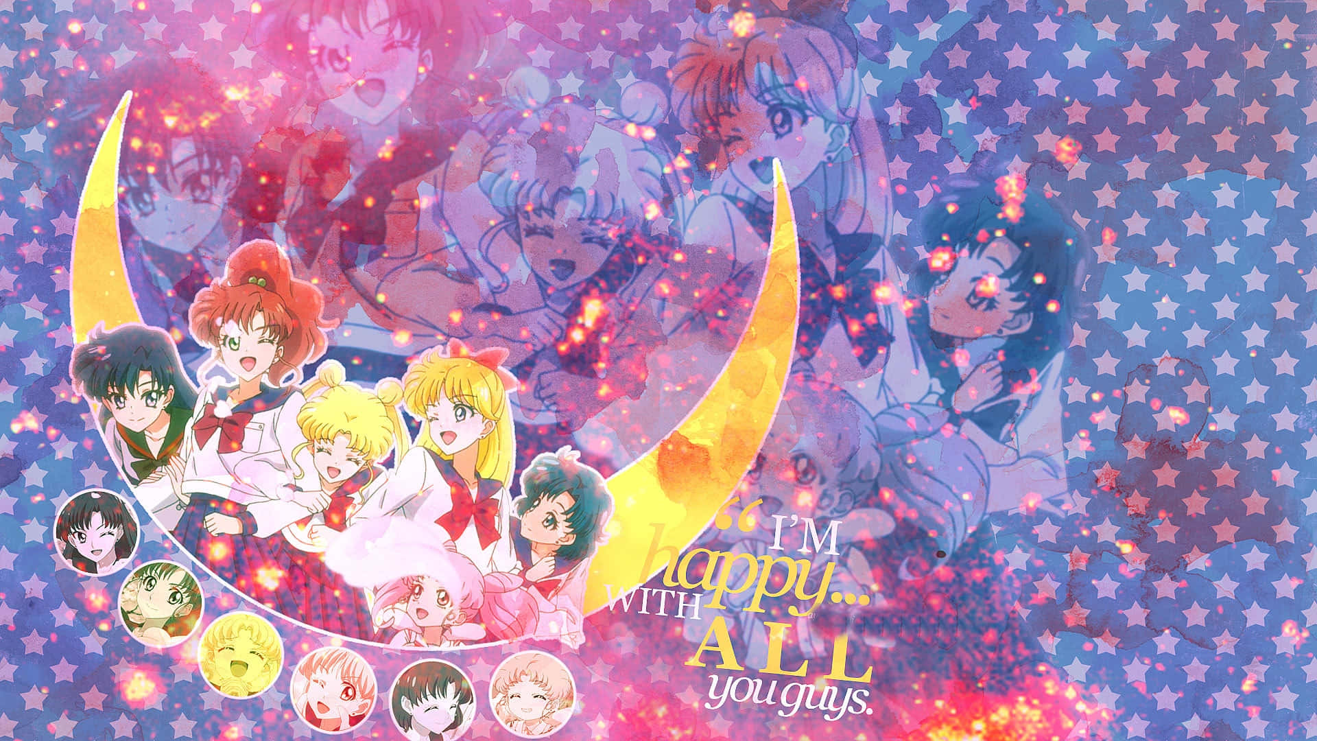 Sailor Moon Pattern 桌布 壁紙 — 動漫角色聚集在發光的彎月上，背景是星光閃爍的紫色和粉紅色宇宙背景，帶有閃爍的粒子。