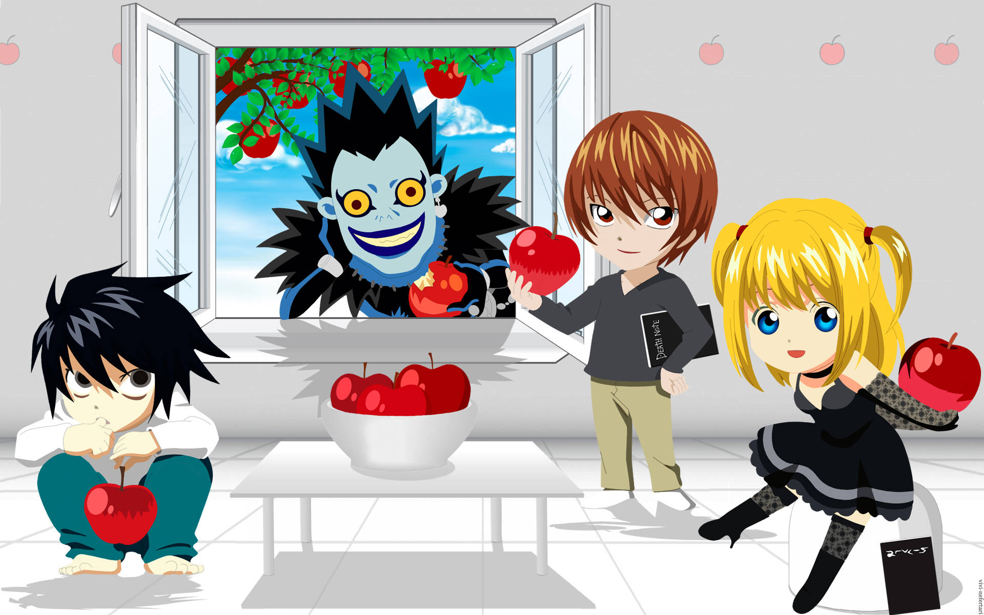 死亡筆記本 桌布 壁紙 — 動漫角色聚集在窗邊，一個藍皮膚、尖刺頭髮的人物在明亮的藍天下拿著蘋果。