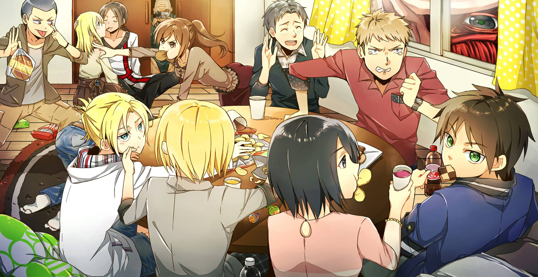 高清 桌布 壁紙 — 動漫角色聚集在舒適房間內一張凌亂的桌子旁，大笑著吃零食，表情誇張。