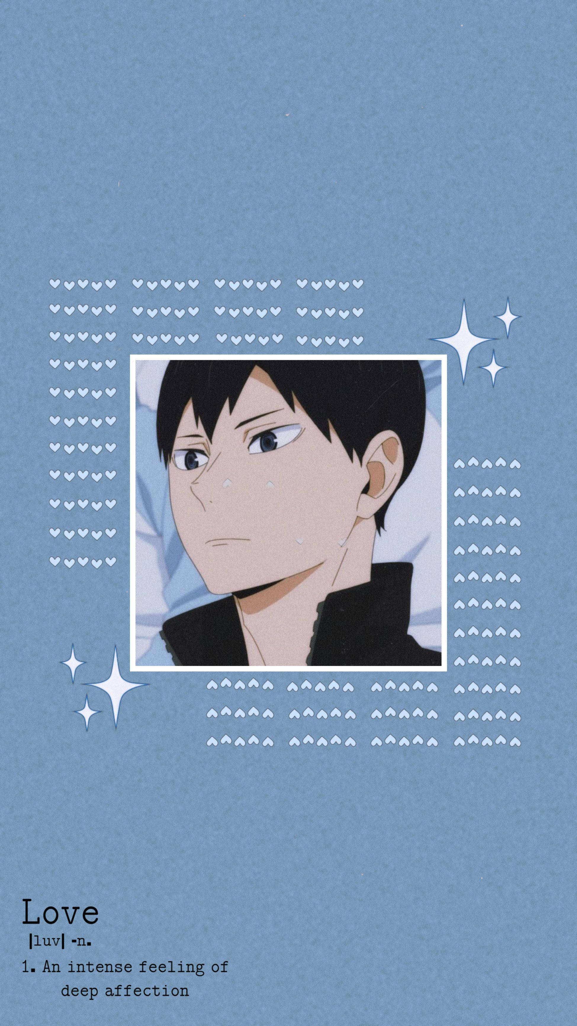 Kageyama 桌布 壁紙 — 動漫角色肖像，以心形和星星框在柔和藍色背景上，下方有字典對愛的定義。