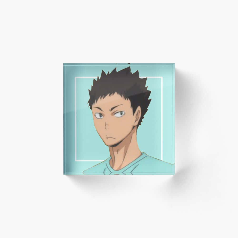 iwaizumi hajime 桌布 壁紙 — 動漫角色肖像嵌入透明壓克力塊中，搭配淺藍色背景和白色邊框。