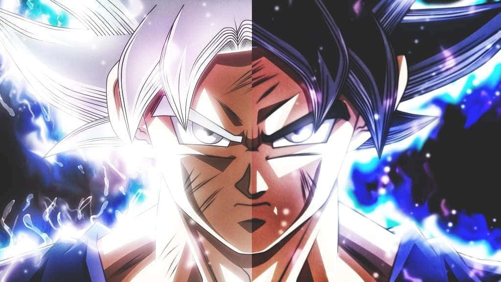 Anime Aesthetic PS4 桌布 壁紙 — 動漫角色臉部一分為二，左邊白髮散發藍色光芒能量，右邊黑髮散發藍色光芒能量。