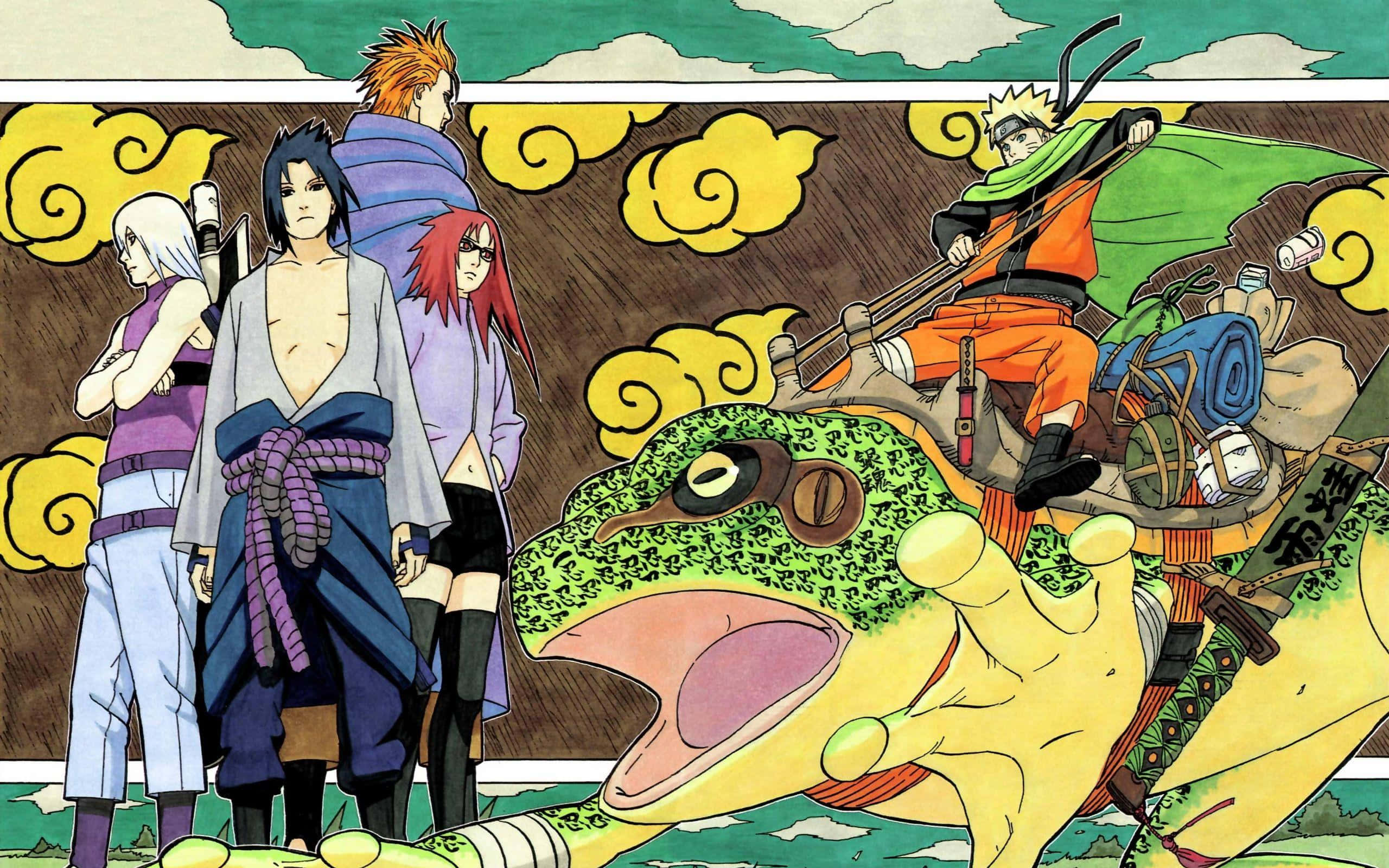 Team Taka Naruto 桌布 壁紙 — 動漫角色與一隻巨型青蛙生物站在旋轉的黃色雲朵和綠色天空背景下。
