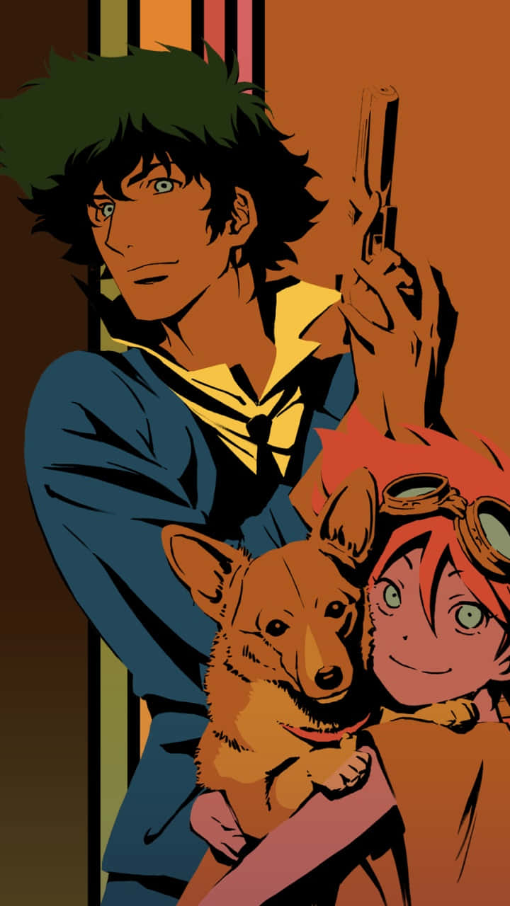 Cowboy Bebop Edward 桌布 壁紙 — 動漫角色與狗在暖色調條紋背景上持槍。