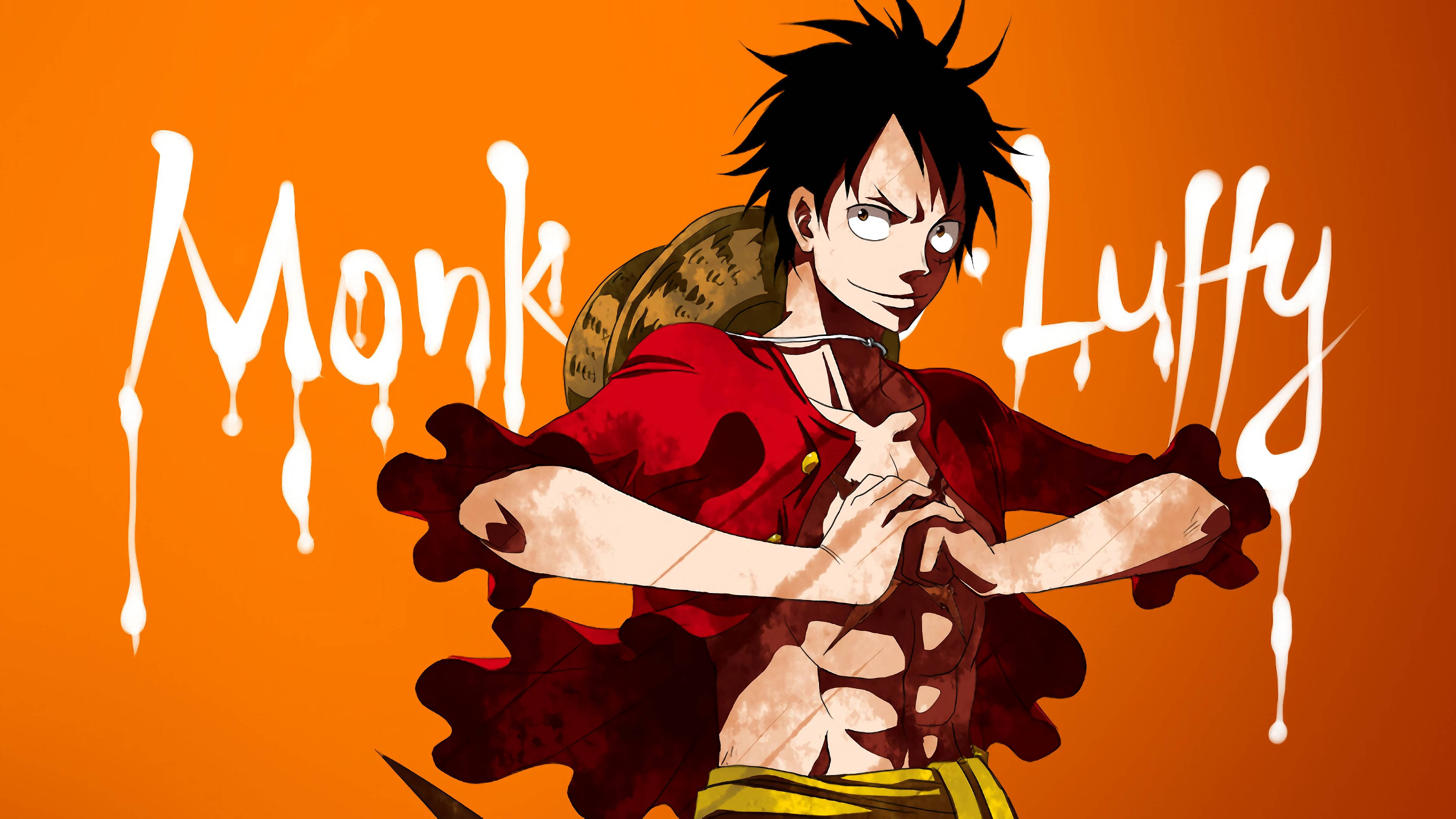 luffy 4K 桌布 壁紙 — 動漫角色蒙奇·D·路飛身穿紅色外套，在充滿活力的橙色背景上動態擺姿勢，帶有滴落的白色文字。