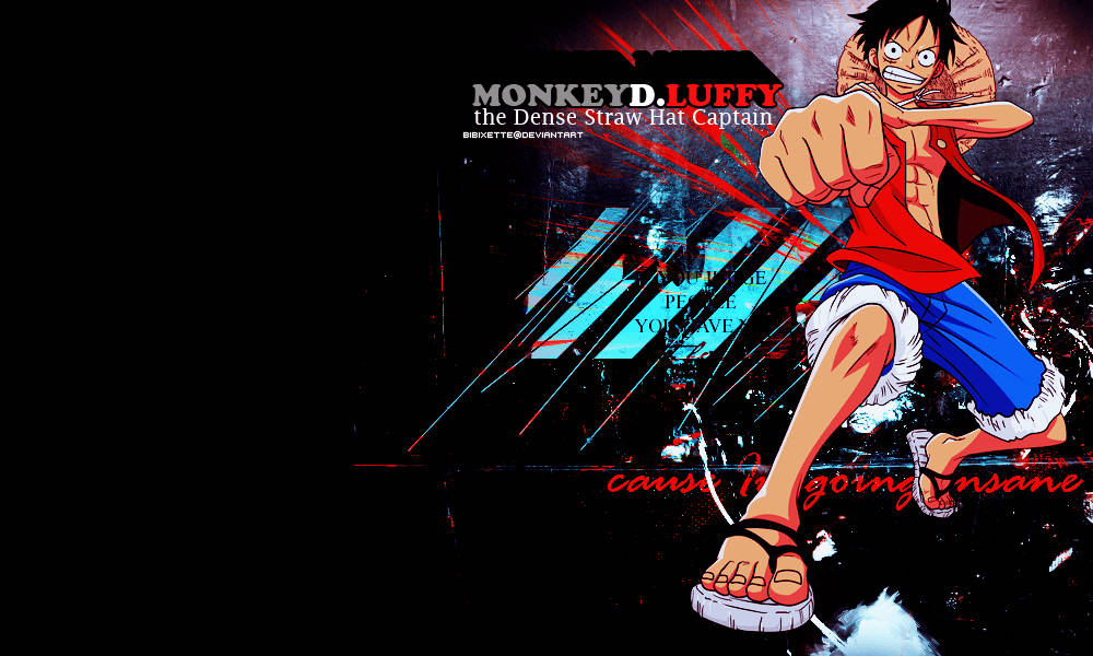 Luffy 桌布 壁紙 — 動漫角色蒙奇·D·魯夫身穿紅色背心和藍色短褲，在帶有紅色條紋和文字的黑暗粗糙背景前向前出拳。