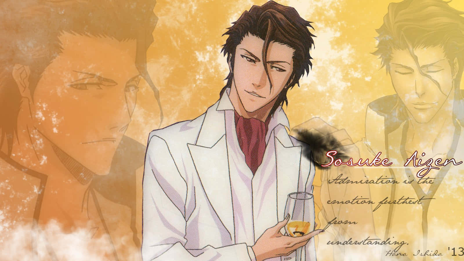 Sosuke Aizen 桌布 壁紙 — 動漫角色藍染惣右介身穿白色外套，在溫暖的金色背景前手持玻璃杯，帶有褪色的面部疊加效果。