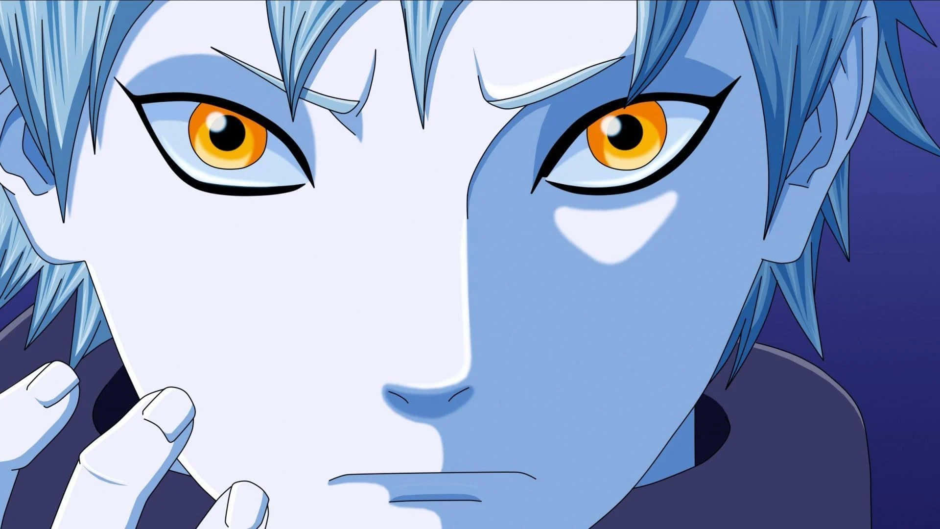 Mitsuki 桌布 壁紙 — 動漫角色藍色頭髮和強烈橙色眼睛的特寫，觸摸他的臉。