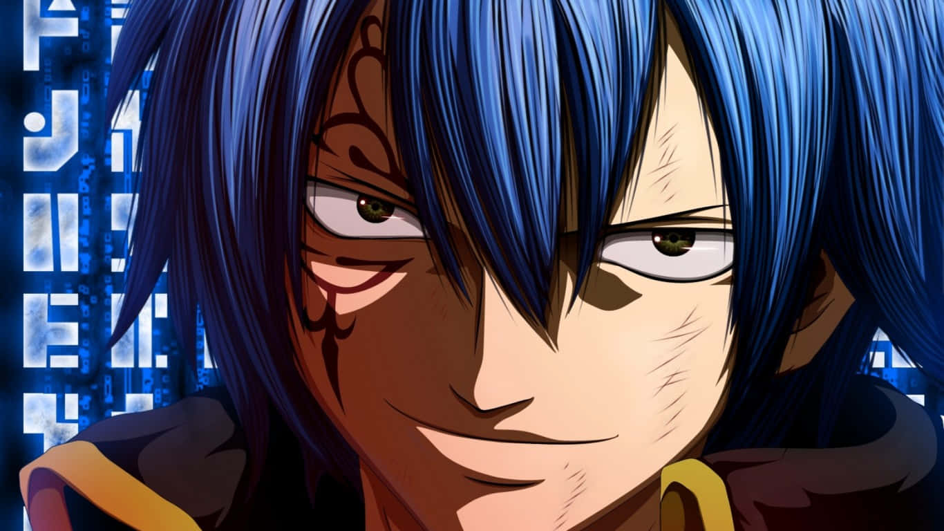 Jellal Fernandes 桌布 壁紙 — 動漫角色藍髮輕笑的特寫，背景是數位藍色。