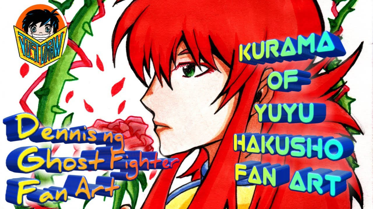 Kurama 桌布 壁紙 — 動漫角色藏馬，紅髮綠眼，被多刺的藤蔓和玫瑰包圍，充滿活力的粉絲藝術。