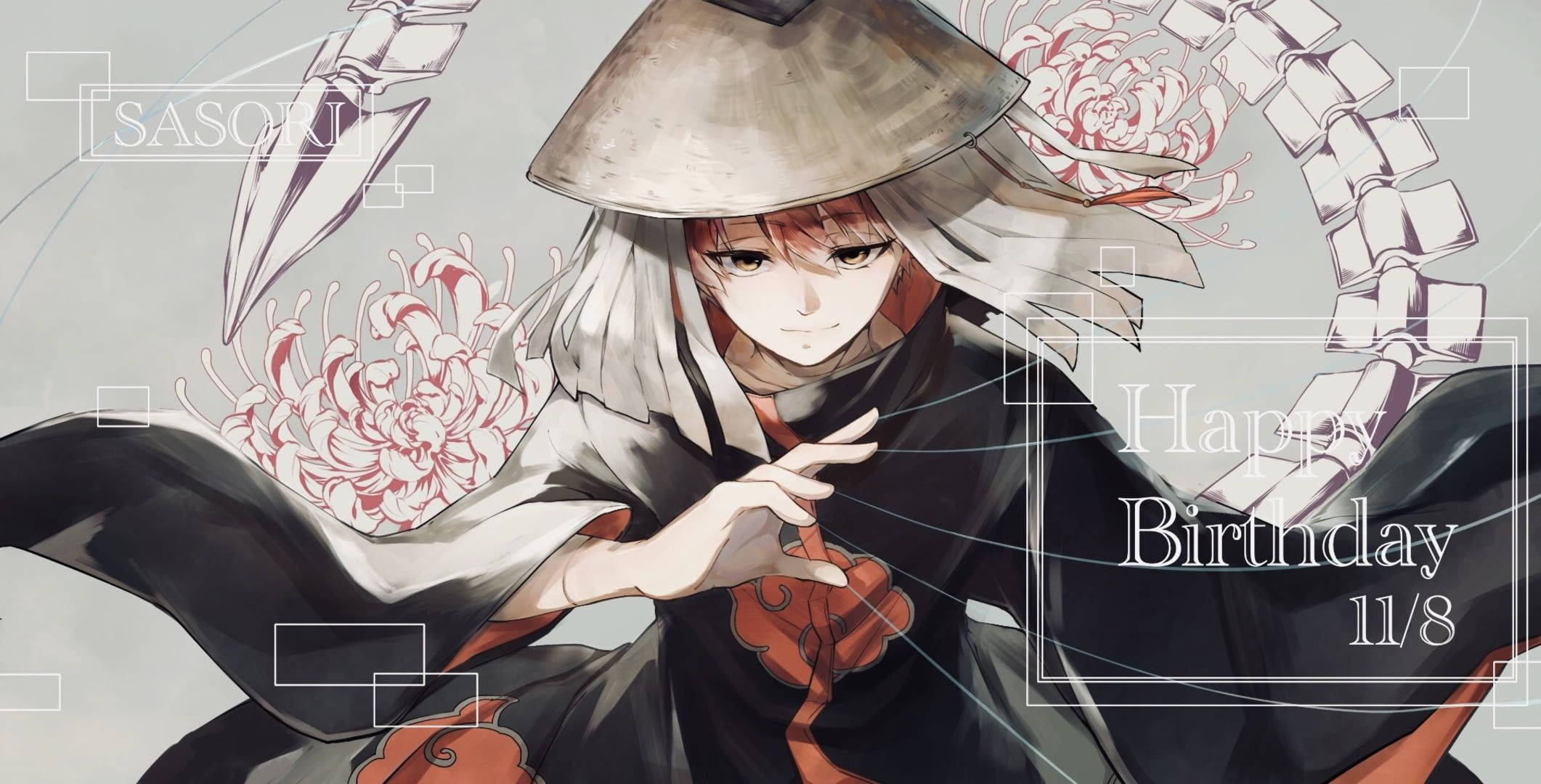 Sasori 桌布 壁紙 — 動漫角色蠍（Sasori）身穿黑色和橙色斗篷，搭配菊花和骨狀鏈條，背景為灰色。