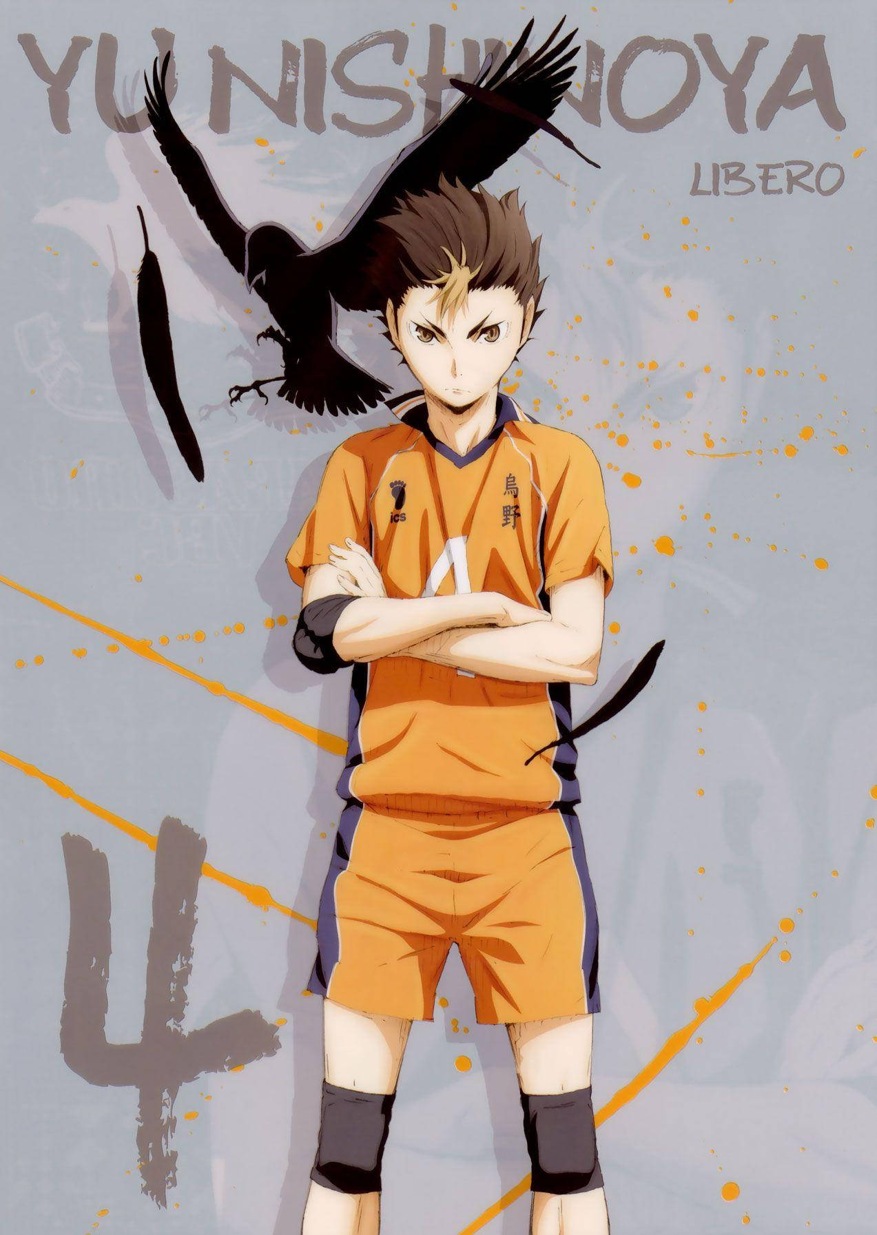 yu nishinoya 桌布 壁紙 — 動漫角色西谷夕穿著橙色排球服，雙臂交叉站立，一隻烏鴉在他身後飛翔，背景為灰色帶有橙色飛濺。
