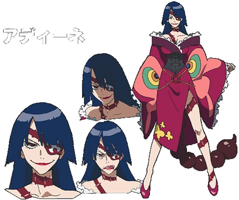Gurren Lagann Adiane 桌布 壁紙 — 動漫角色設計表，展示一位藍髮女性穿著色彩繽紛的多層服裝，並有多種面部表情。