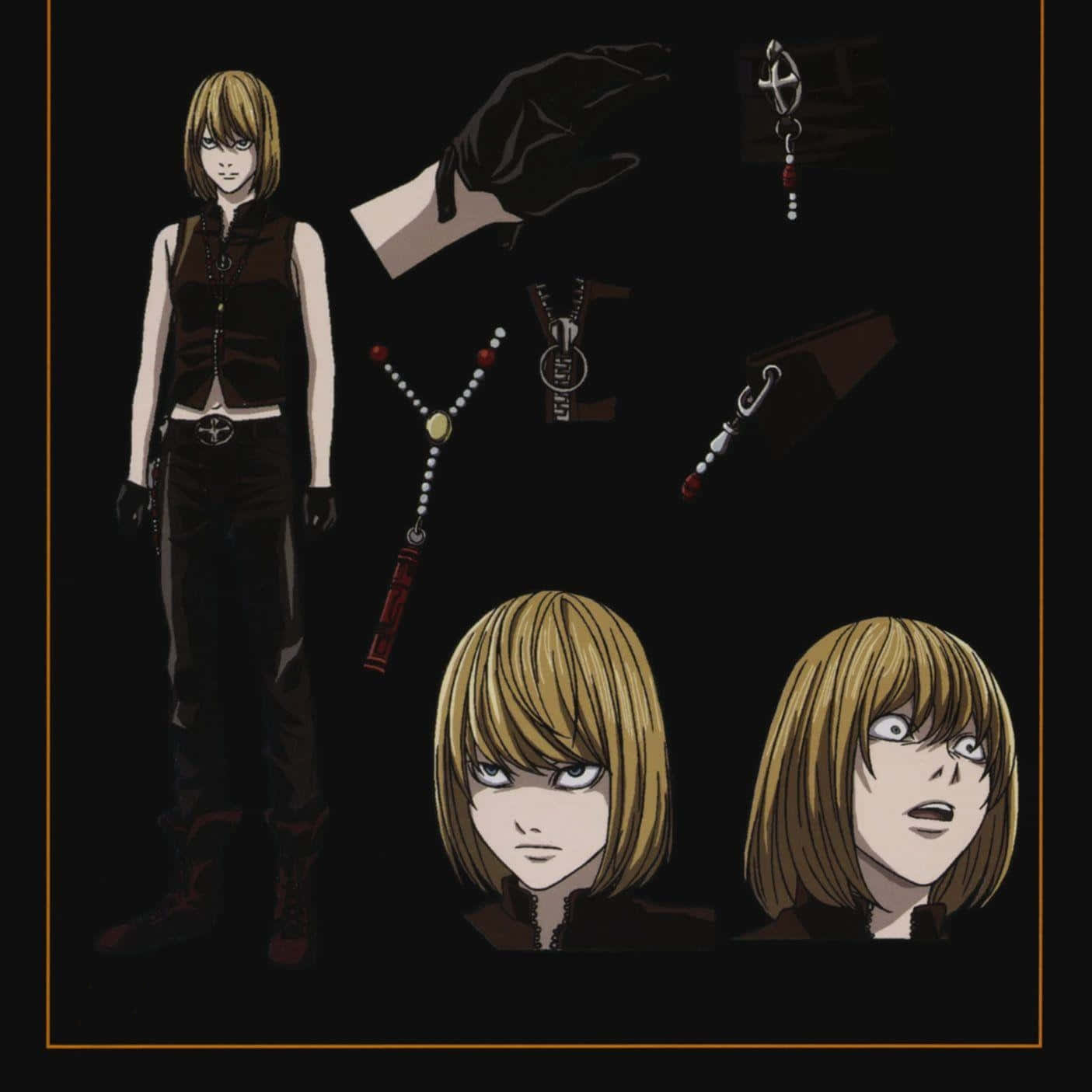 Death Note Mello 桌布 壁紙 — 動漫角色設計表，展示一位金髮角色穿著深色服裝，配有詳細配件和面部表情，背景為黑色。