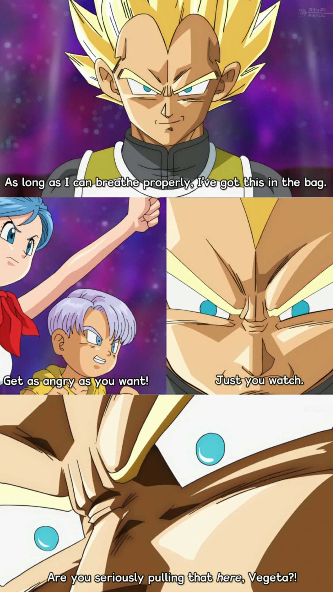 Vegeta's Family 桌布 壁紙 — 動漫角色貝吉塔（Vegeta）擁有尖刺金髮和銳利眼神，向下凝視，周圍是漫畫格中的對話氣泡。