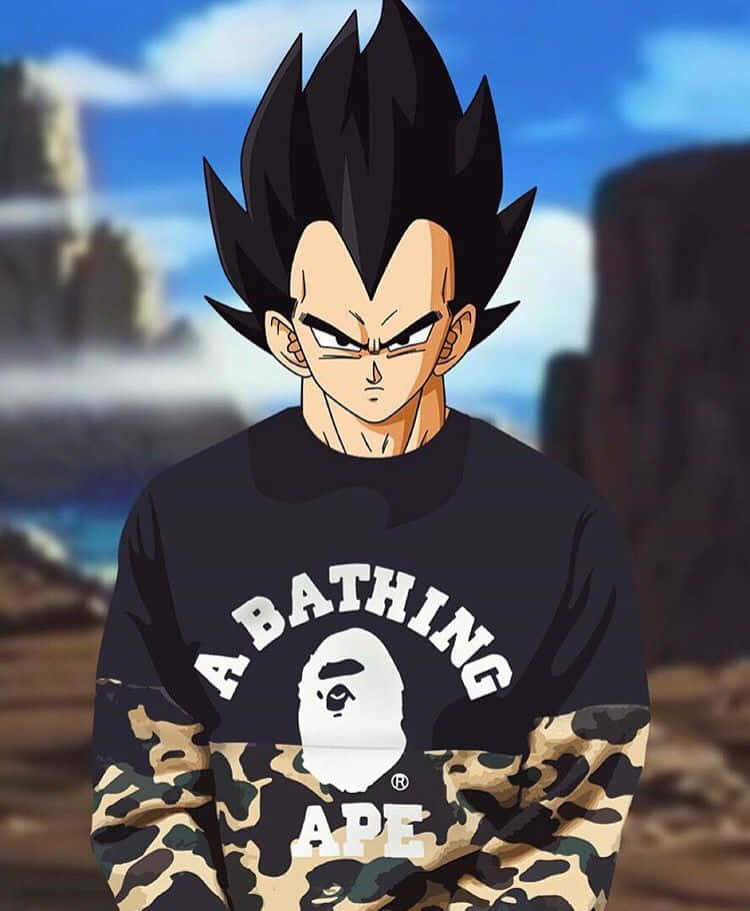 桌布 壁紙 — 動漫角色貝吉塔（Vegeta）穿著黑色和迷彩A BATHING APE連帽衫，在岩石戶外背景下帶著兇猛的表情站立。