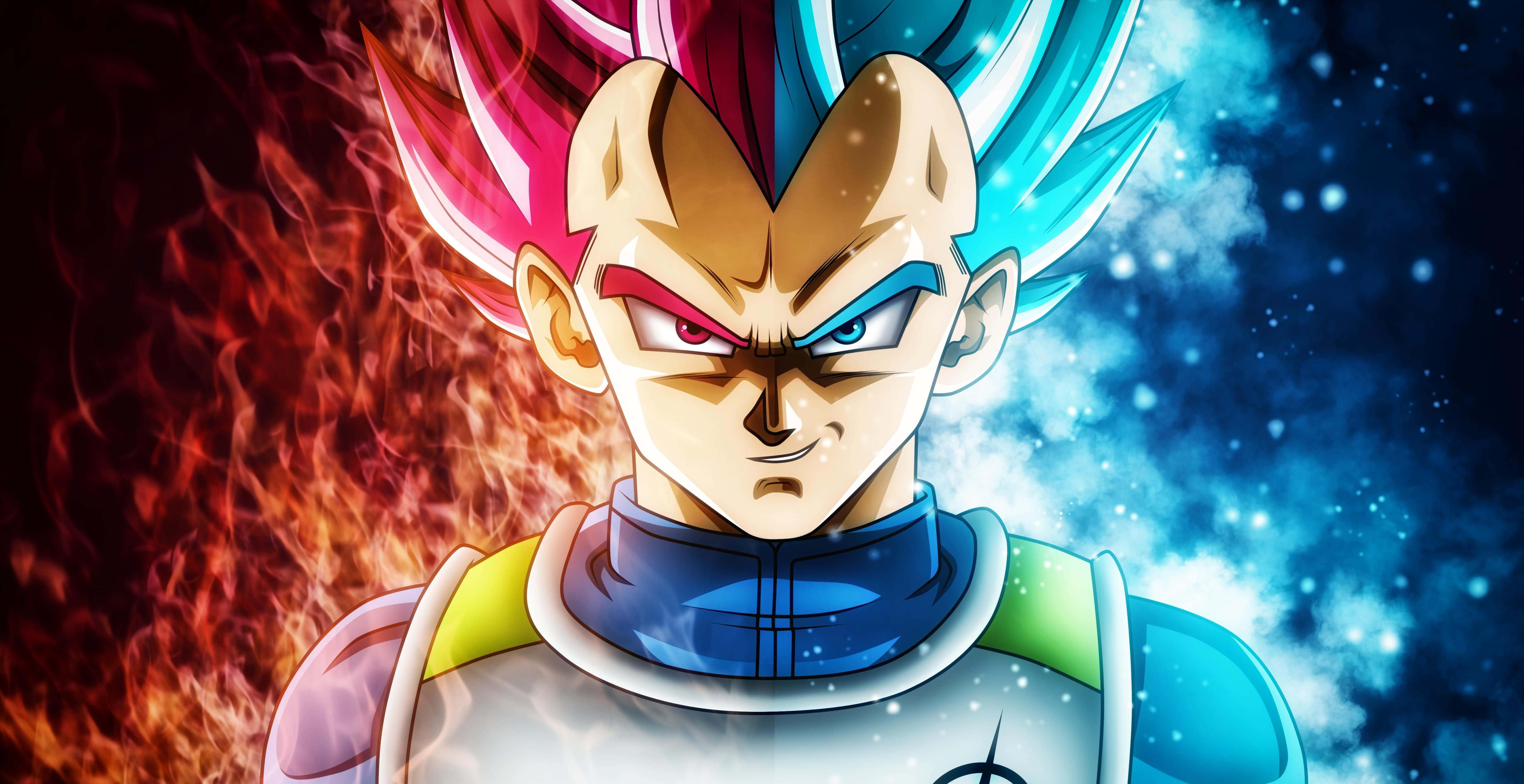 Dragon Ball Heroes 桌布 壁紙 — 動漫角色貝吉塔，擁有粉紅色和藍色頭髮，站在火紅和宇宙藍色的星空背景前。