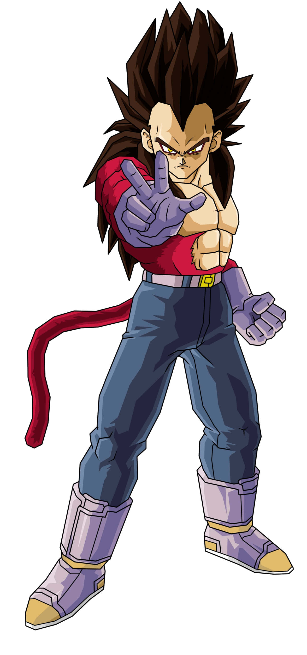 Vegeta Super Saiyan 4 桌布 壁紙 — 動漫角色貝吉塔以戰鬥姿勢出現，擁有尖刺頭髮和尾巴，身穿紅色上衣、藍色褲子和紫色手套。