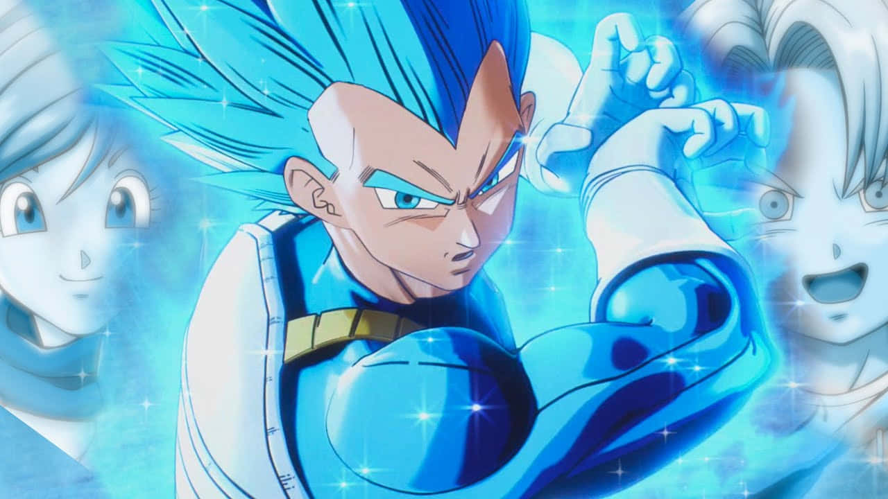 Vegeta Galick Gun 桌布 壁紙 — 動漫角色貝吉塔以藍色超級賽亞人形態，在閃爍的藍色能量背景中強力地展示肌肉，背景有幽靈般的面孔。