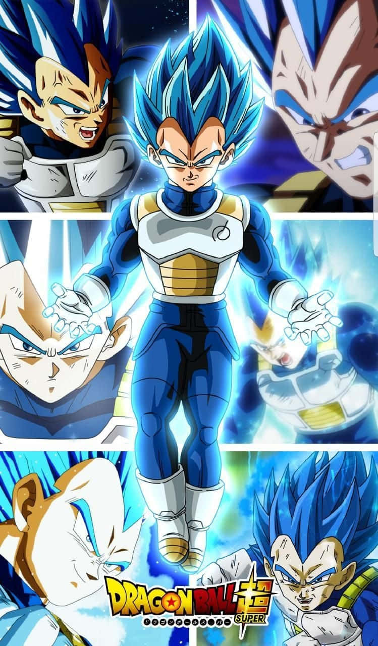 Vegeta Super Saiyan 桌布 壁紙 — 動漫角色貝吉塔以超級賽亞人藍形態在動態漫畫面板拼貼中散發力量。