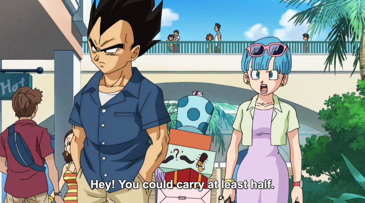 Vegeta's Family 桌布 壁紙 — 動漫角色貝吉塔和布瑪站在一個熱帶小鎮，背後有棕櫚樹和一座橋。