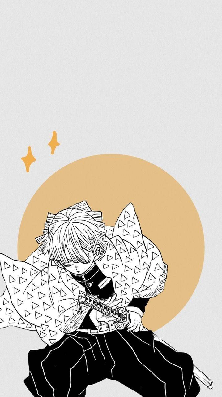 Demon Slayer Aesthetic 桌布 壁紙 — 動漫角色身穿圖案和服，在溫暖圓形背景中持劍，帶有閃爍光芒。