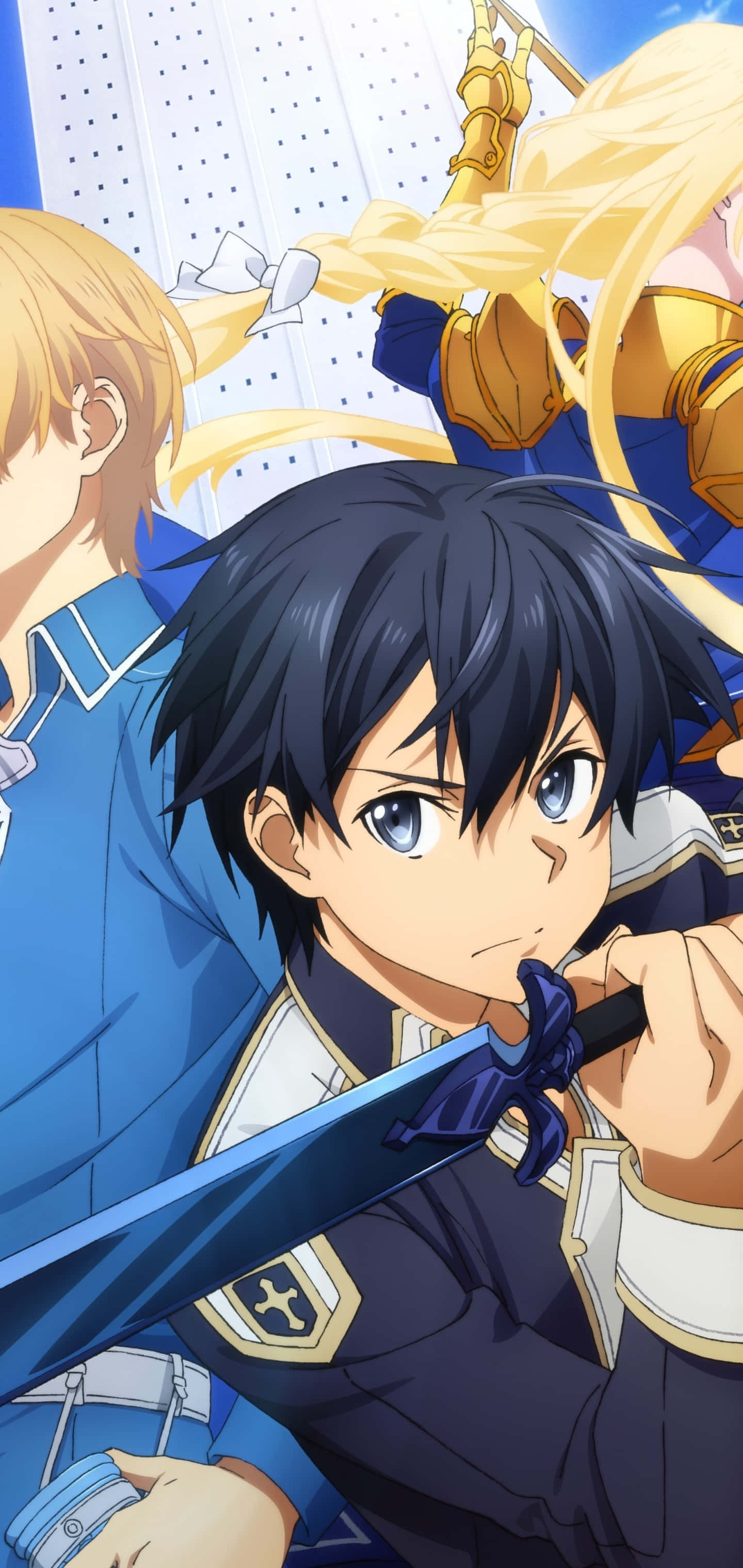 Sword Art Online Eugeo 桌布 壁紙 — 動漫角色身穿奇幻盔甲，手持劍，以明亮的藍天為背景，準備就緒。