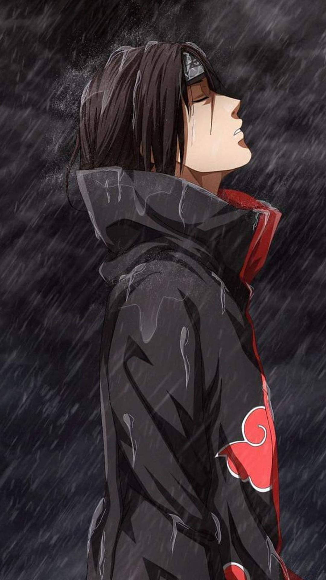 雨中身穿帶有紅色雲紋黑色斗篷的動漫角色 — 4K 動漫手機壁紙 壁紙