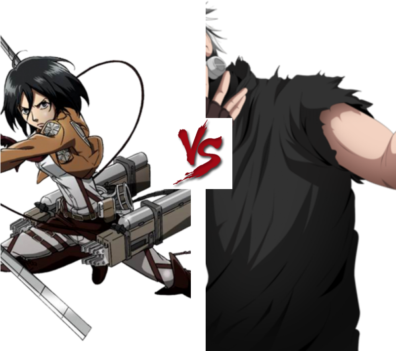 Mikasa Ackerman 桌布 壁紙 — 動漫角色身穿戰鬥裝備，與一個陰影人物對峙，兩者之間有一個紅色的VS標誌。