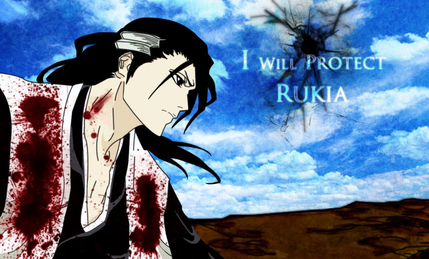 Byakuya Kuchiki 桌布 壁紙 — 動漫角色身穿染血的黑白服裝，在裂開的天空下堅定站立，帶有文字「我會保護露琪亞」。