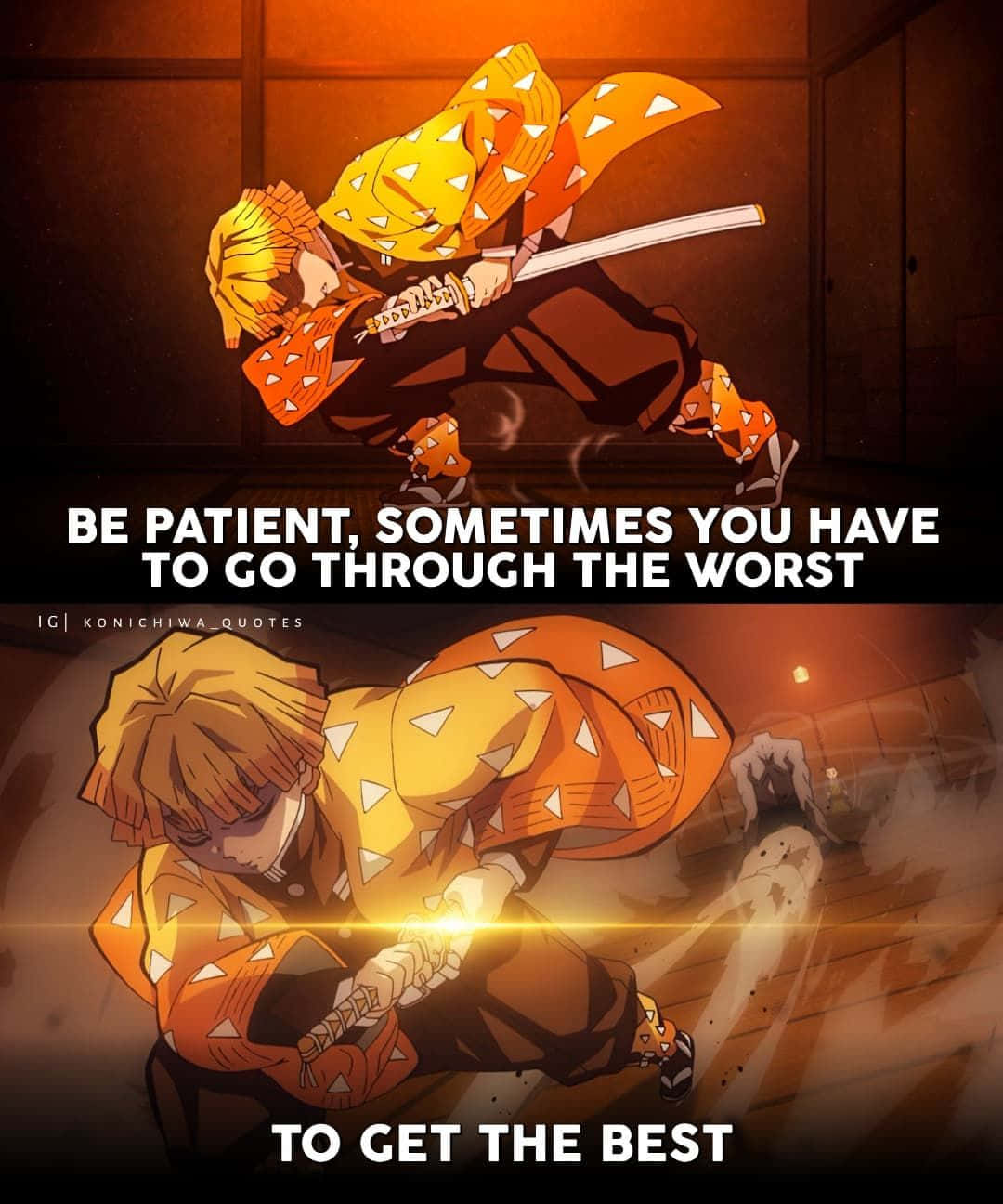 Rengoku Quotes 桌布 壁紙 — 動漫角色身穿橙色和服，在昏暗的木房間內揮劍，並帶有勵志語句覆蓋層。