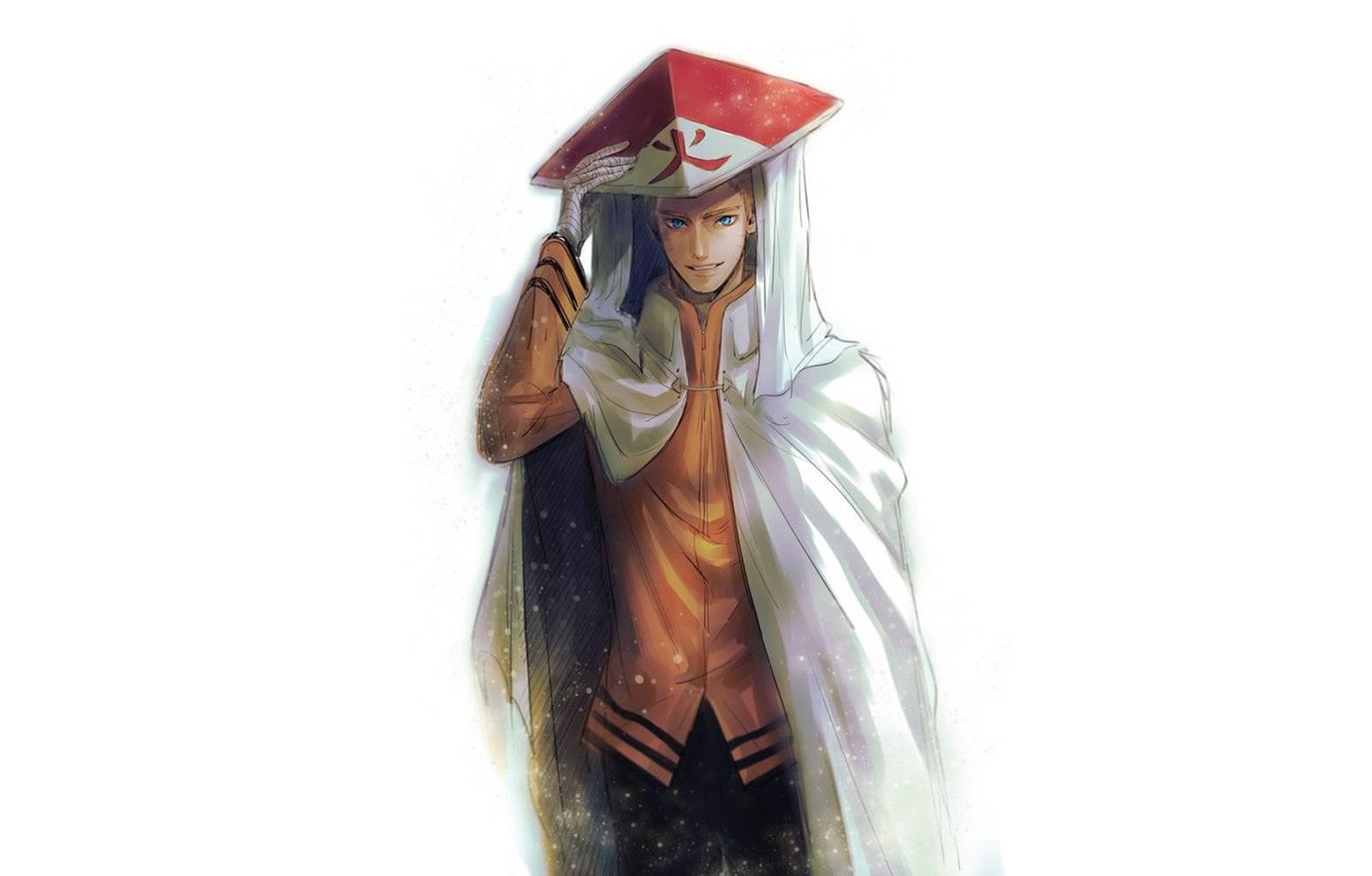 Uzumaki Clan 桌布 壁紙 — 動漫角色身穿橙色和白色忍者服，頭戴紅色帽子，帽上有火焰標誌，自信地站在白色背景前。