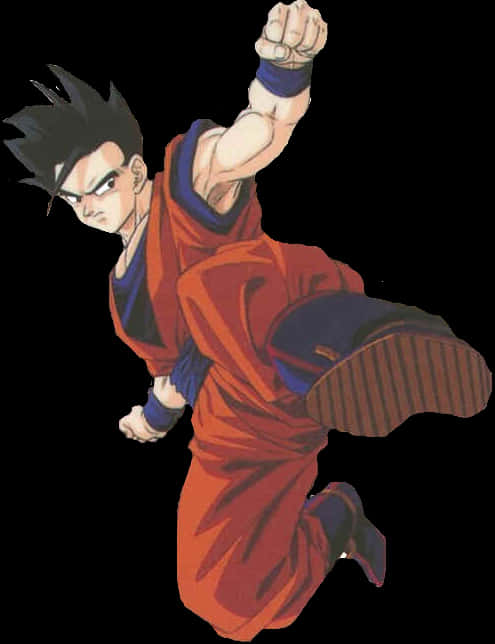 Anime Character 桌布 壁紙 — 動漫角色身穿橙色道服，在黑色背景前舉拳向前跳躍。