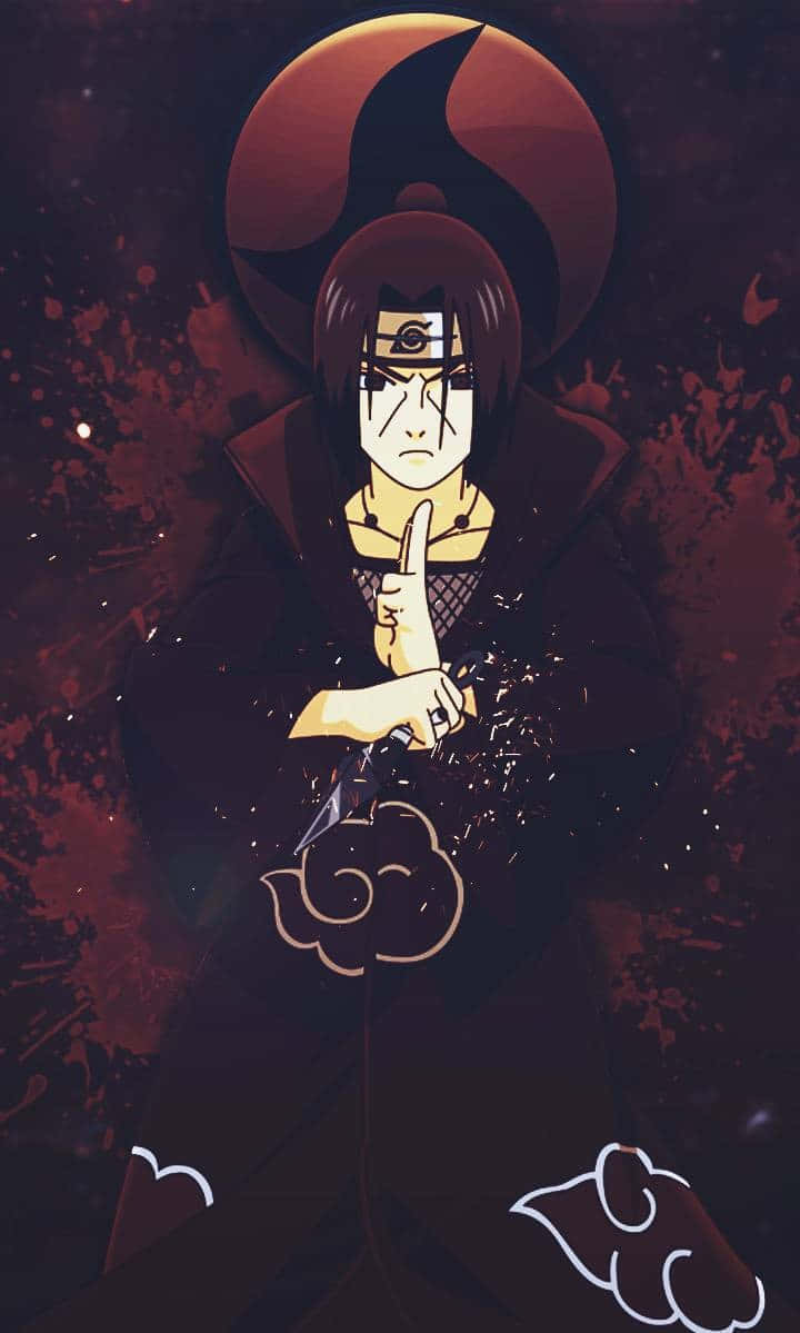 Jutsu 桌布 壁紙 — 動漫角色身穿深色斗篷，帶有紅色月亮標誌，莊嚴地站在血濺背景前。