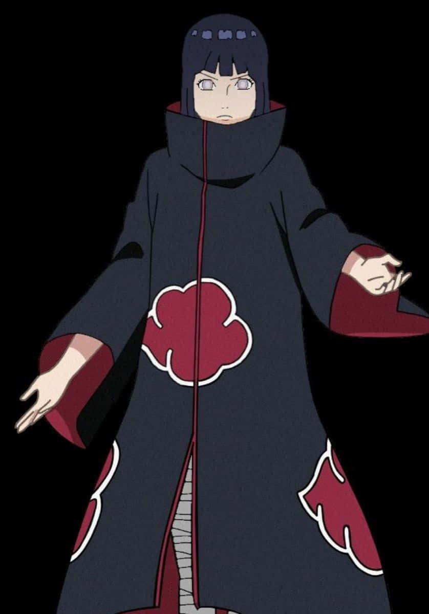 Akatsuki Hinata 桌布 壁紙 — 動漫角色身穿深色斗篷，帶有紅色雲紋徽章，站在黑色背景前，眼神蒼白，表情嚴肅。