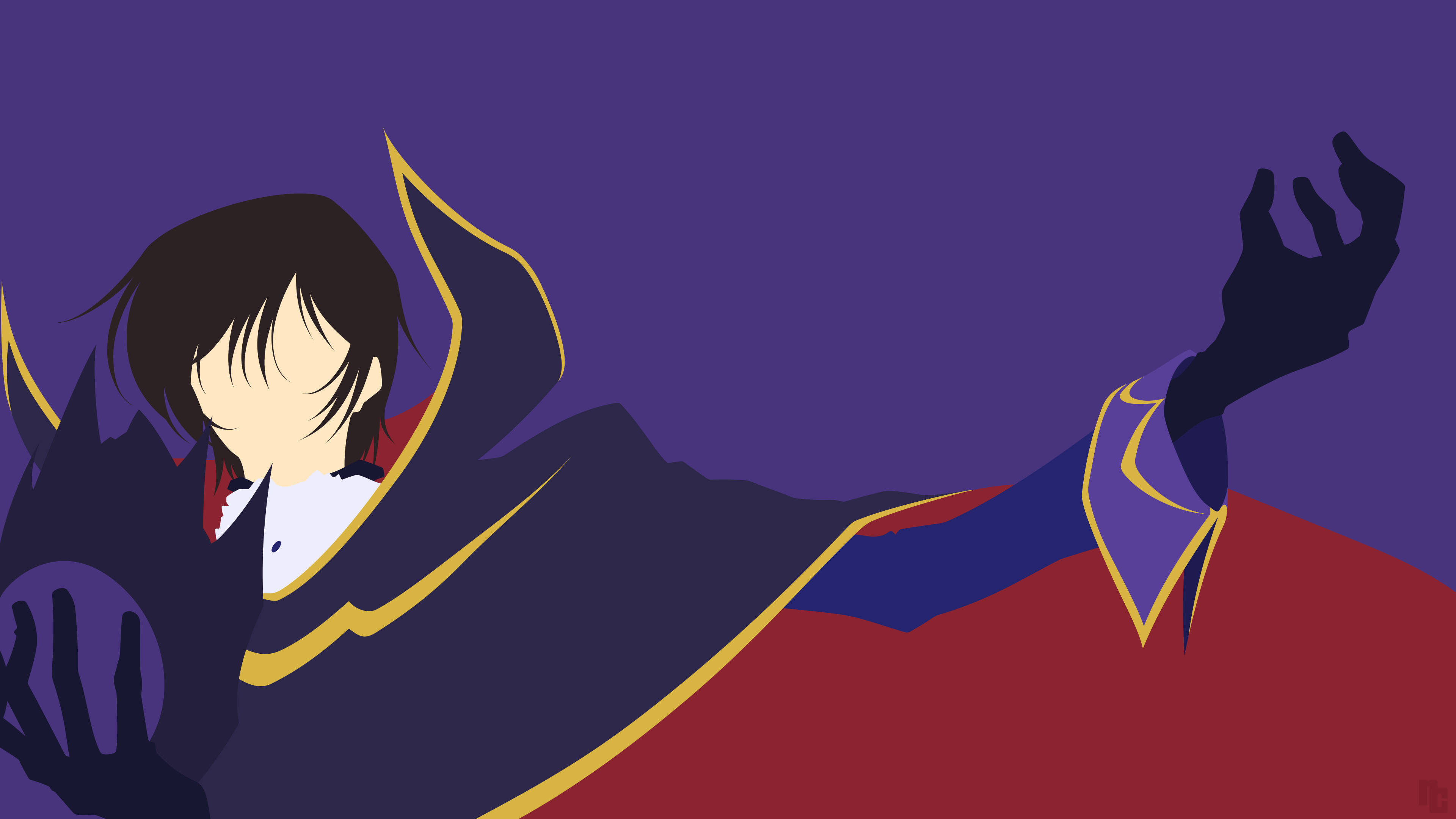 Minimalist Anime 桌布 壁紙 — 動漫角色身穿深色斗篷配金色飾邊，在深紫色背景前伸展雙臂。