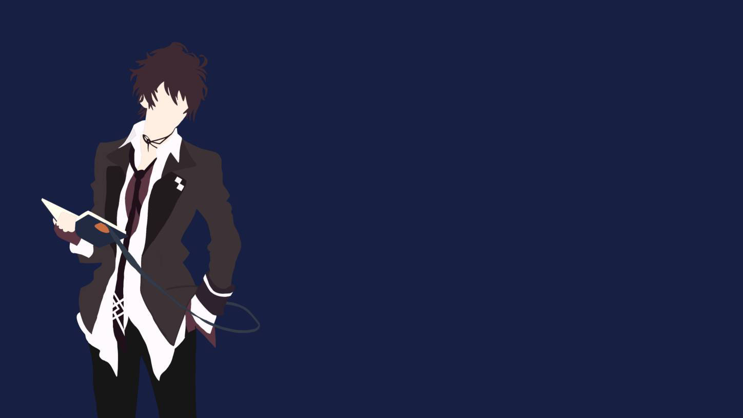 Diabolik Lovers 桌布 壁紙 — 動漫角色身穿深色西裝，在深藍色背景前手持未來感裝置。