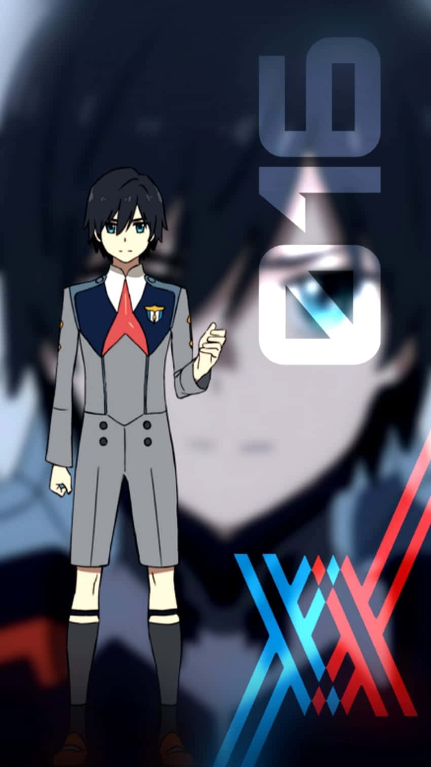 Darling In The Franxx Phone 桌布 壁紙 — 動漫角色身穿灰色制服配紅色領帶，自信地站在黑暗背景前，背景有發光的藍紅幾何圖案和大型風格化數字。